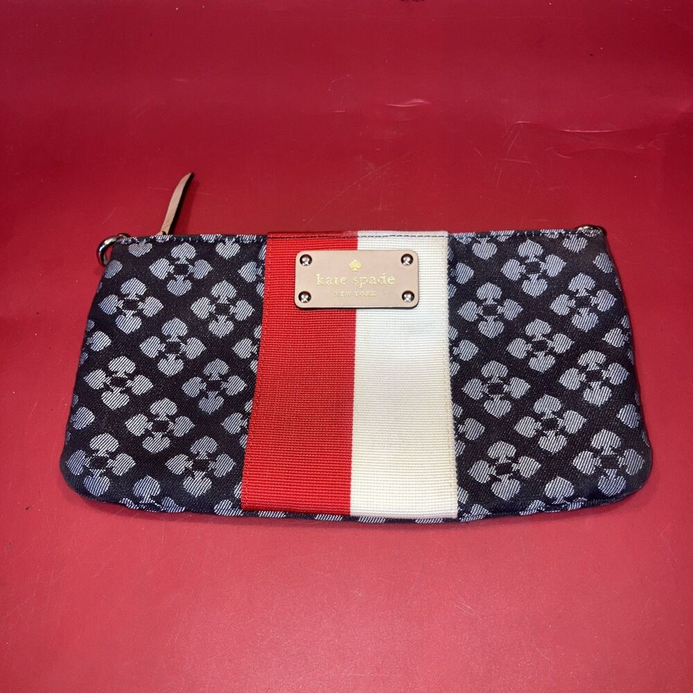 Kate Spade Flower Jacquard Stripe Wristlet Pouch Navy Red White Clutch Bag